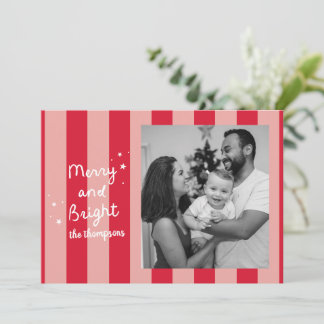 Cartes Pour Fêtes Annuelles Photo de Noël Rouge Prépa Rayé Joyeux et Lumineux