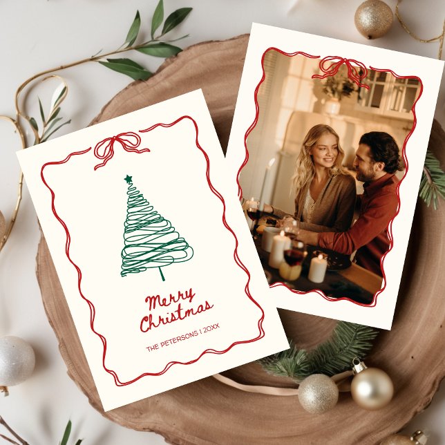 Cartes Pour Fêtes Annuelles Photo de Noël Rouge Vert Retro illustrée à la main (UNIQUE Christmas Hand Illustrated Hand Drawn Quirky Simple Photo Holiday Card)