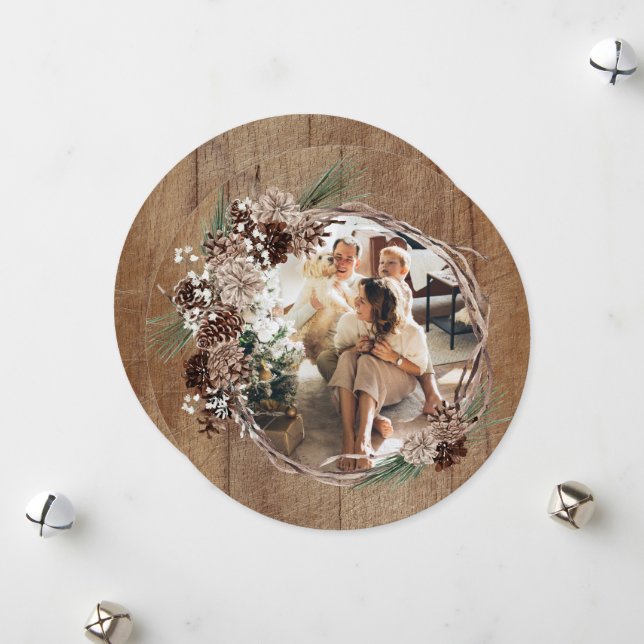 Cartes Pour Fêtes Annuelles Photo de Noël Rustique Wreath Personnalisée (Devant/Arrière en situation)