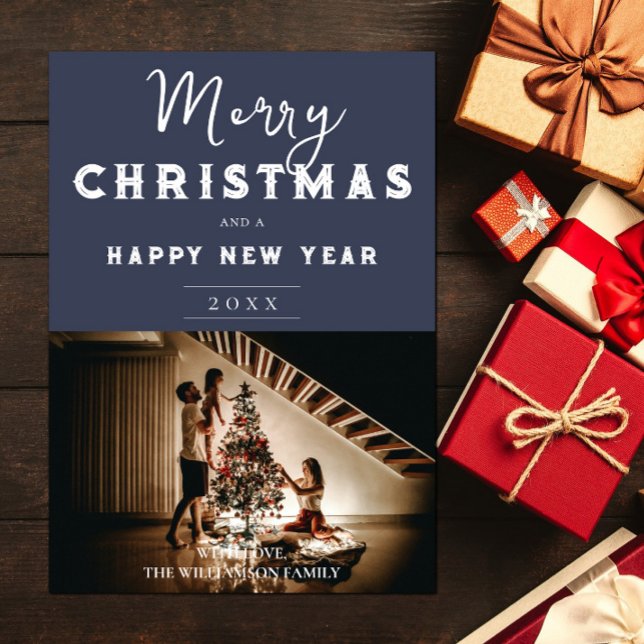 Cartes Pour Fêtes Annuelles Photo de Noël simple | Bleu (Blue Simple Christmas Photo Holiday Card)