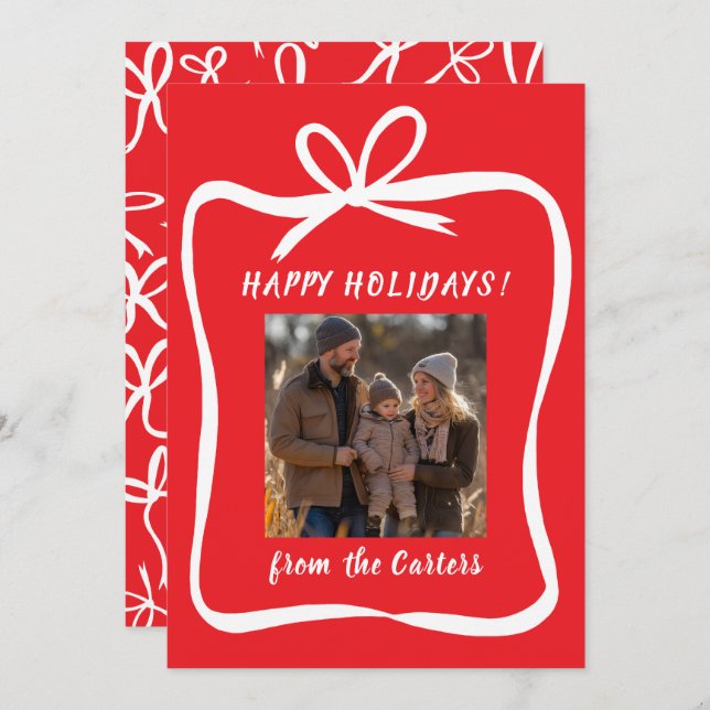 Cartes Pour Fêtes Annuelles Photo de Noël sur mesure du cadre de ruban Bow (Devant / Derrière)