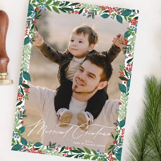 Cartes Pour Fêtes Annuelles photo de noël vert classique de baies festives (Créateur téléchargé)