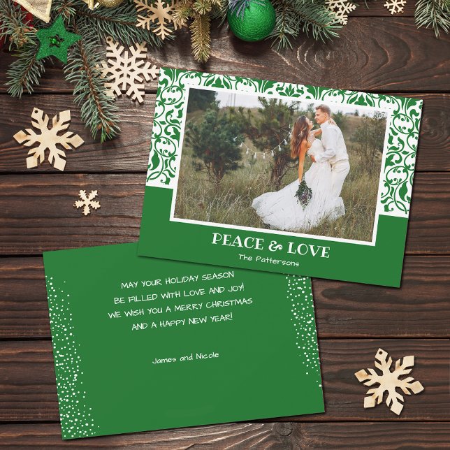Cartes Pour Fêtes Annuelles Photo de Noël vert et blanc (Green and white damask design Christmas photo holiday cards, PRINTED and/or INSTANT DOWNLOAD)