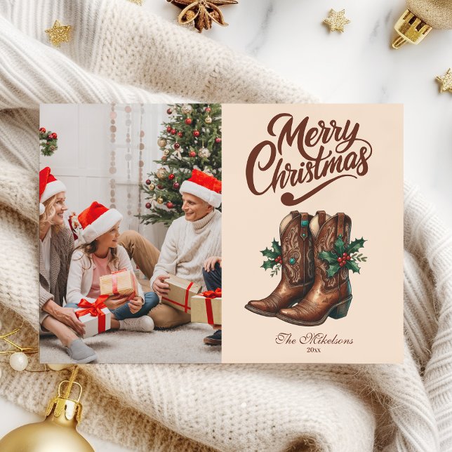 Cartes Pour Fêtes Annuelles Photo de Noël Western Bow & Boots (Créateur téléchargé)