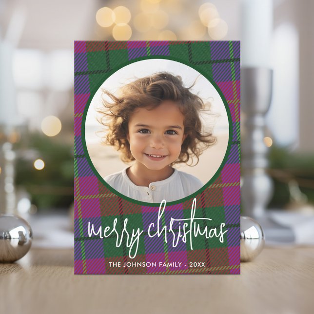 Cartes Pour Fêtes Annuelles Photo de Noël Whimsical - Calligraphie et Plaid (Modern purple green plaid with a circle photo Christmas card.)
