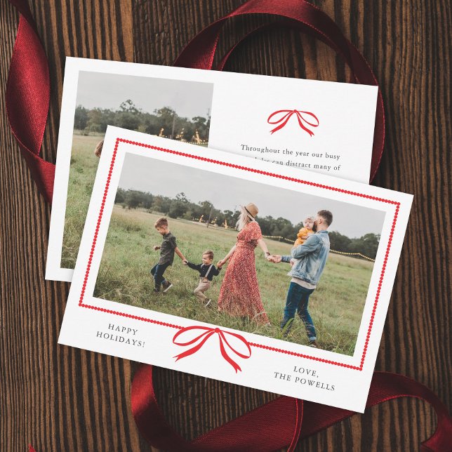 Cartes Pour Fêtes Annuelles Photo de nœud rouge classique  (Classic Red Bow Photo Christmas Holiday Cards.)