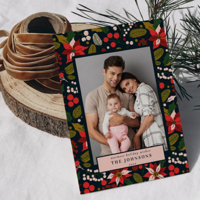 Cartes Pour Fêtes Annuelles Photo de poinsettia rouge bleu sombre moderne et s (Créateur téléchargé)