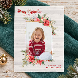 Cartes Pour Fêtes Annuelles Photo de Poinsettia Shiplap Noël Rustique Joyeux