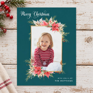 Cartes Pour Fêtes Annuelles Photo de Poinsettia Teal Noël Rustique Joyeux