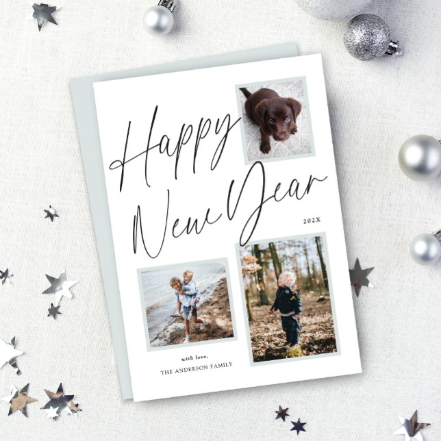 Cartes Pour Fêtes Annuelles Photo de script Bonne année noir et blanc (Black and White Happy New Year Script Photo Holiday Card)