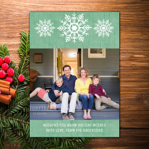 Cartes Pour Fêtes Annuelles Photo de vacances flocon de neige rustique vert