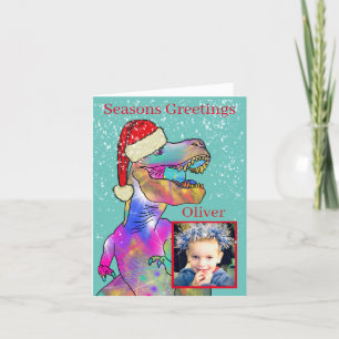 Cartes Pour Fêtes Annuelles Photo d'enfants avec un dinosaure de Noël
