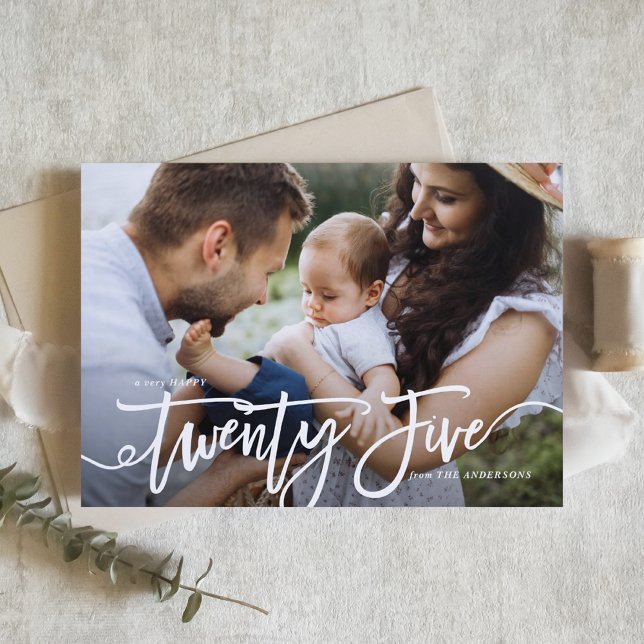Cartes Pour Fêtes Annuelles Photo du Nouvel An avec une main blanche (White Hand Lettering Happy New Year Photo Holiday Card)