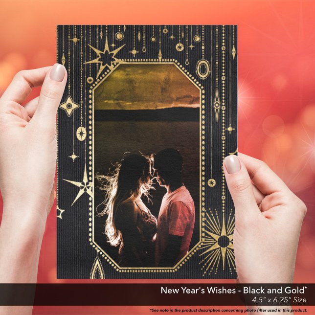 Cartes Pour Fêtes Annuelles Photo du Nouvel An des voeux d'or noir (New Year's Wishes Black and Gold Holiday Card)