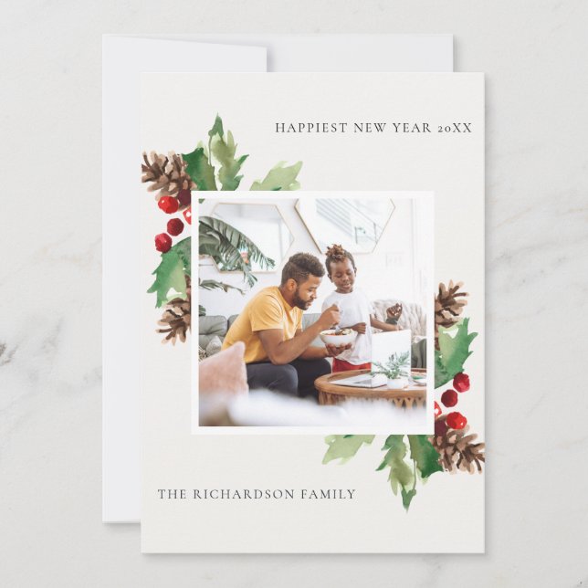 CARTES POUR FÊTES ANNUELLES PHOTO DU NOUVEL AN ROUGE GREEN HOLLY BERRY PINE CO (Devant)