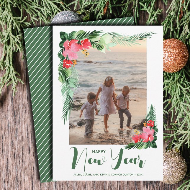 Cartes Pour Fêtes Annuelles Photo du Nouvel An Tropical Floral (Tropical Floral Happy New Year Photo Holiday Cards - Order INSTANT DOWNLOAD and/or PRINTED or both!)