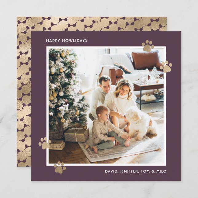 Cartes Pour Fêtes Annuelles Photo du propriétaire du chien d'or violet moderne (Devant / Derrière)