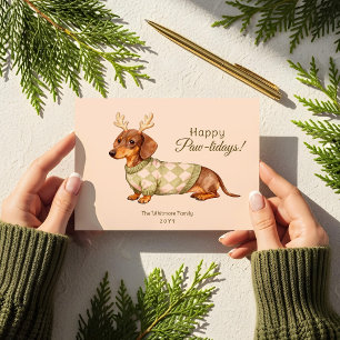Cartes Pour Fêtes Annuelles Photo d'un dachshund en pull à carreaux de Noël