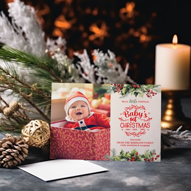 Cartes Pour Fêtes Annuelles Photo Elegant Floral Baby's First Christmas (Créateur téléchargé)
