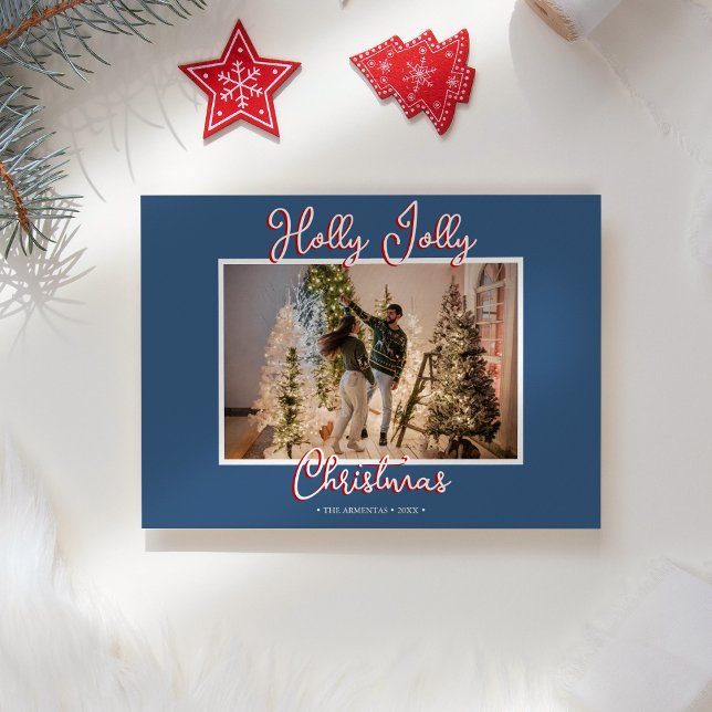 Cartes Pour Fêtes Annuelles Photo et lettre de Noël Blue Holly Jolly (Créateur téléchargé)