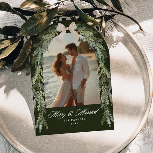 Cartes Pour Fêtes Annuelles Photo Evergreen Arc Vert Olive Marié Joyeux Noël