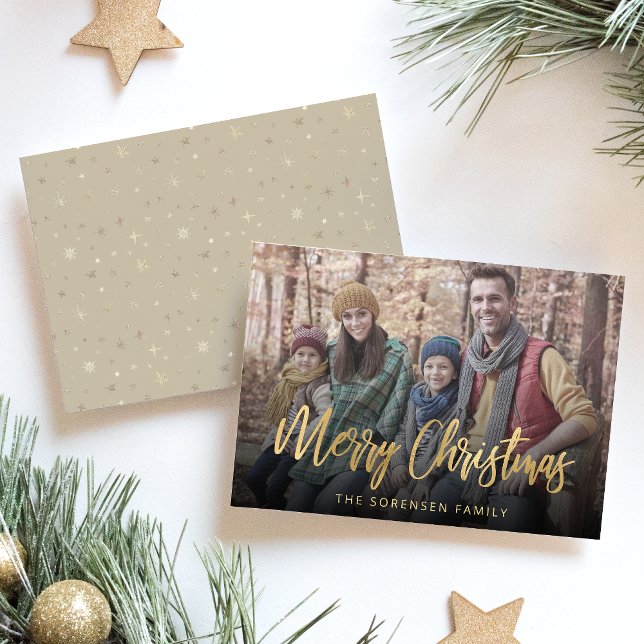 Cartes Pour Fêtes Annuelles Photo famille Joyeux Noël Gold Script Beige (Créateur téléchargé)