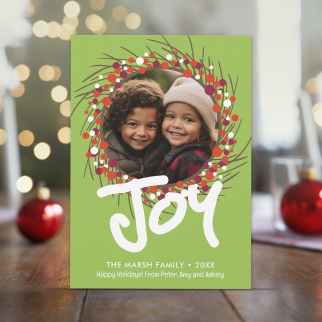 Cartes Pour Fêtes Annuelles Photo Farmhouse Berry Wreath - Joy Red Green (Unique online Christmas Card with 1 photo and a whimsical wreath border)