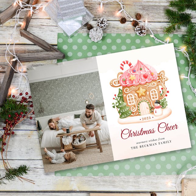 Cartes Pour Fêtes Annuelles Photo Festive Gingerbread Maison Noël (Photo Festive Gingerbread House Christmas Holiday Card)