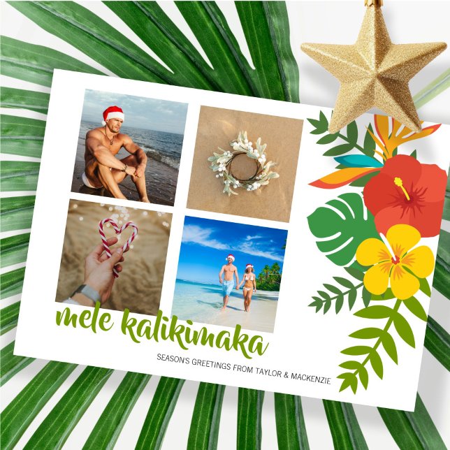 Cartes Pour Fêtes Annuelles Photo Fleur Mele Kalikimaka Personnalisée (Photo Mele Kalikimaka Flower Personalized Holiday Card by Ricaso Hawaii style tropical Christmas)