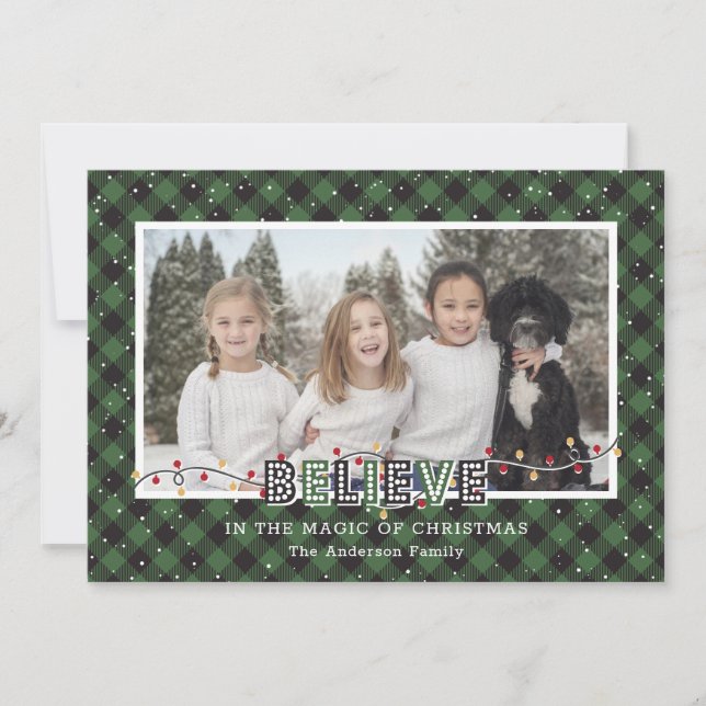 Cartes Pour Fêtes Annuelles Photo Green Buffalo Plaid Snow Believe (Devant)