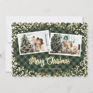Cartes Pour Fêtes Annuelles Photo Green Plaid Gold Snow Joyeux Noël