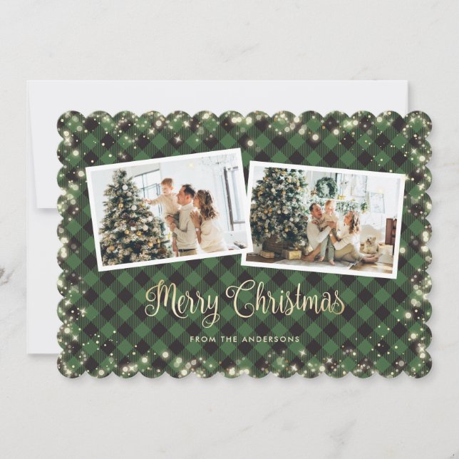 Cartes Pour Fêtes Annuelles Photo Green Plaid Gold Snow Joyeux Noël (Devant)