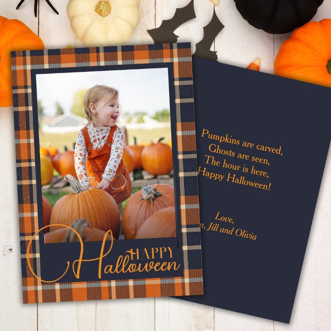 Cartes Pour Fêtes Annuelles Photo Halloween Bleue Et Orange Joyeuse (Blue And Orange Plaid Happy Halloween Photo Holiday Card)