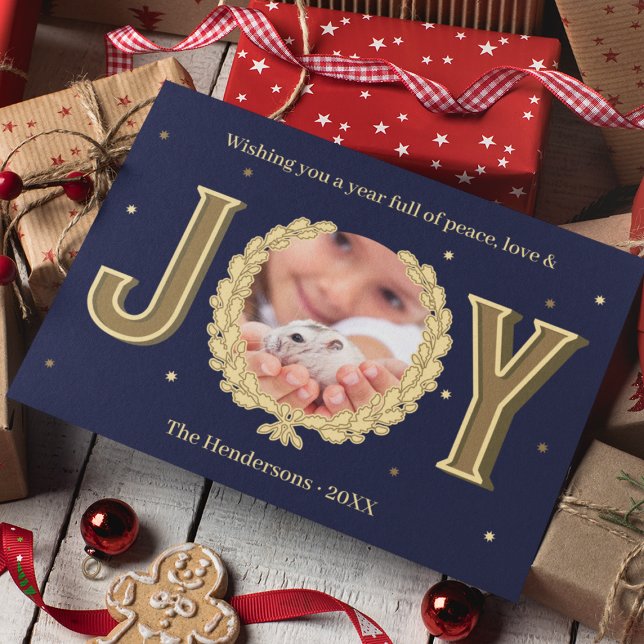 Cartes Pour Fêtes Annuelles Photo Hamster personnalisée Blue Gold Joie Noël (Custom Hamster Photo Blue Gold Joy Christmas Holiday Card
)