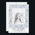Cartes Pour Fêtes Annuelles Photo Hanoukka moderne Blue Love & Light<br><div class="desc">Un design carte photo Hanoukka moderne, avec une bordure illustrée à la main avec du feuillage et des châtaignes et un en-tête gras qui dit "amour & lumière" dans une belle couleur bleu marine clair. Personnalisez avec votre nom de famille et votre photo préférée. L'image possède un filtre noir et...</div>
