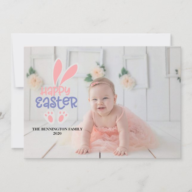 CARTES POUR FÊTES ANNUELLES PHOTO HAPPY EASTER BUNNY PURPLE STRIPE (Devant)