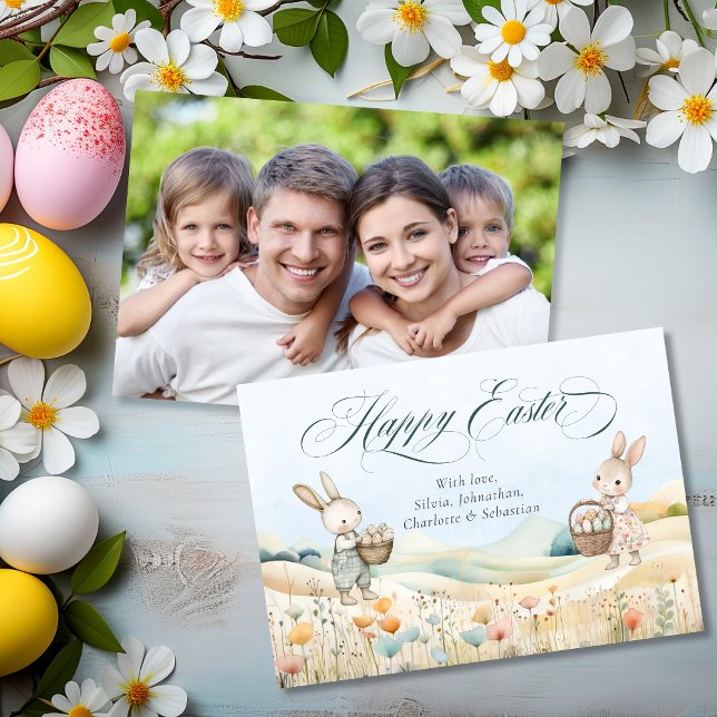 Cartes Pour Fêtes Annuelles Photo Happy Happy Eaquarelle de Pâques personnalis (Personalized Happy Easter Watercolor Bunny Photo Holiday Card)