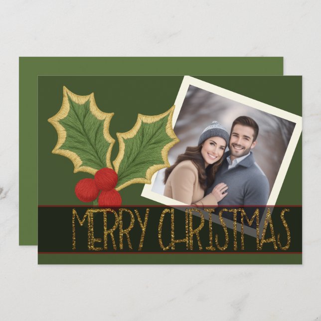 Cartes Pour Fêtes Annuelles Photo Holly Berries Broderie ruban de Noël (Devant / Derrière)