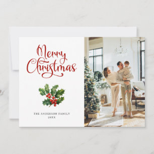 Cartes Pour Fêtes Annuelles Photo Holly Berries Script Merry Christmas Card