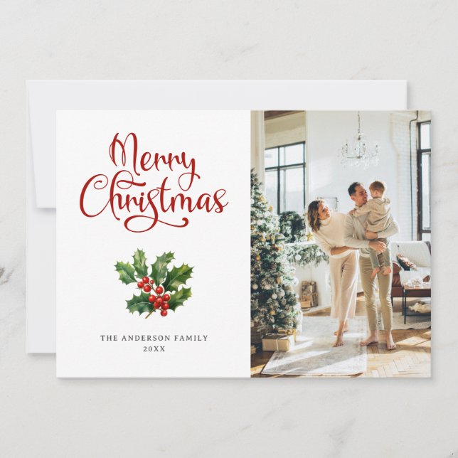 Cartes Pour Fêtes Annuelles Photo Holly Berries Script Merry Christmas Card (Devant)