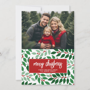 Cartes Pour Fêtes Annuelles Photo Horizontal - Joyeux Noël Botanique Rouge