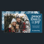 Cartes Pour Fêtes Annuelles Photo : Let It Snow - Bleu blanc<br><div class="desc">Peace Love Joy - Customisez ceci avec 1 photo horizontale / paysage,  votre nom de famille,  et l'année en cours.</div>