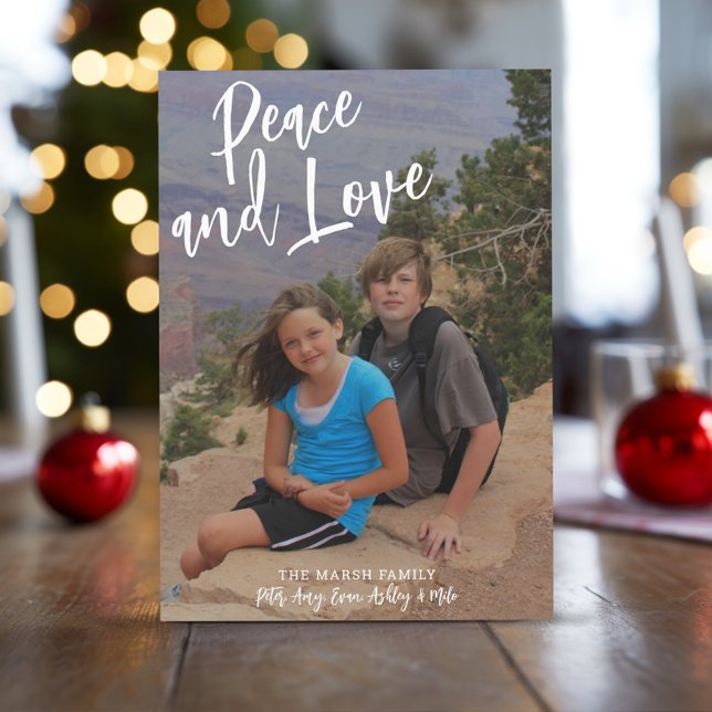 Cartes Pour Fêtes Annuelles Photo manuscrite Noël Or Plaid Peace Love (Rustic Modern Christmas Card with 1 large photo)