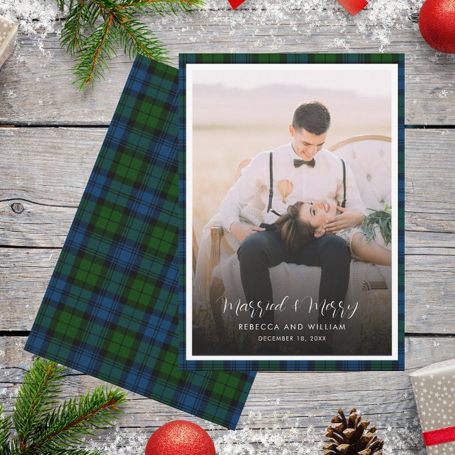 Cartes Pour Fêtes Annuelles Photo mariée et Joyeuse Campbell Tartan (Christmas Married and Merry Photo Plaid Campbell Tartan Greetings Card)