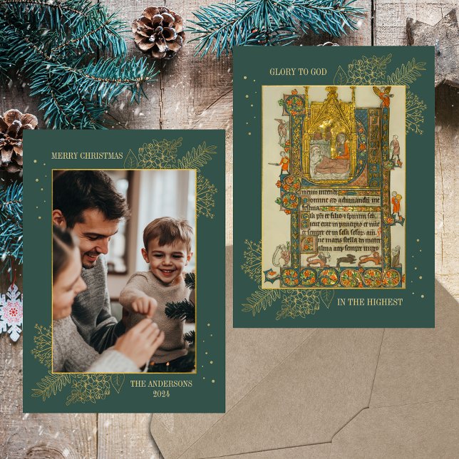 Cartes Pour Fêtes Annuelles Photo médiévale de Noël (Christmas Medieval Manuscript Christian Catholic Nativity Scene Gold Family Photo Holiday Card)