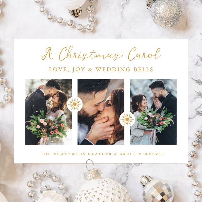 Cartes Pour Fêtes Annuelles Photo Minimal Snowflakes Newlyweds First Christmas (Minimalist Snowflakes Newlyweds First Christmas 3 Photos Collage In Faux Gold Holiday Card.)