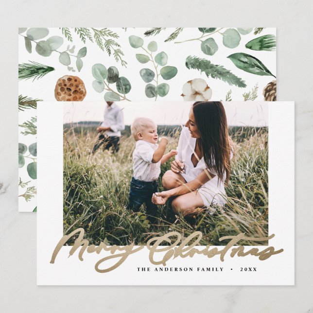 Cartes Pour Fêtes Annuelles Photo minimale moderne Noël élégant écriture or (Devant / Derrière)