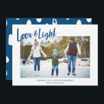 Cartes Pour Fêtes Annuelles Photo Modern Love & Light Blue Hanukkah<br><div class="desc">A simple, stylish Hanukkah photo design, featuring modern typographiy reading "Love & Light" in blue over a white background. Modern styled text tememplates are included for personalization, as well as a splotch pattern in white and blue on the back of the card. For design or product inquiries please feel free...</div>