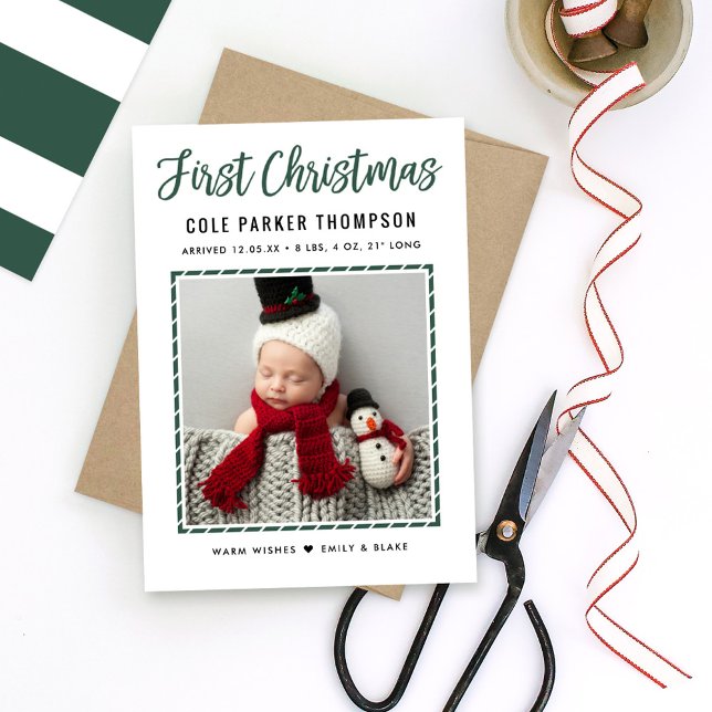 Cartes Pour Fêtes Annuelles Photo moderne Baby First Christmas Green Stripes (Créateur téléchargé)
