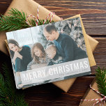 Cartes Pour Fêtes Annuelles Photo moderne de Christmas | Clean White<br><div class="desc">Beautiful photograph holiday card with a simple, moderne, minimaliste : "Merry Christmas quota" banner in fresh white text with a trendy cutout design on a a semi-transparent overlay background. This versatile card can be personalized with your own photograph, family name and year to make a truly unique and bespoke card...</div>